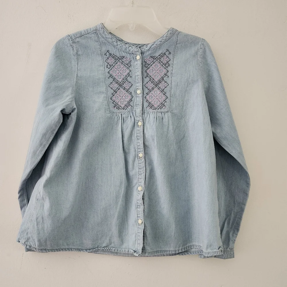 OshKosh B'gosh Chambray Embroidered Long Sleeve Button Down Tunic Blouse Size:14
